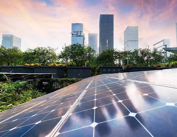 Large Solar Power Panels and City Skyline