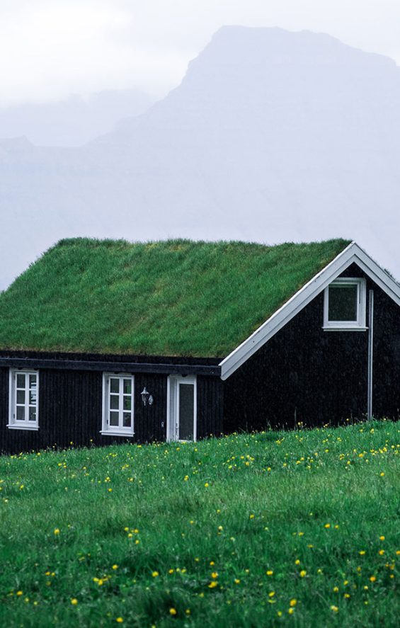 Small House on Hillside with Grass Roof